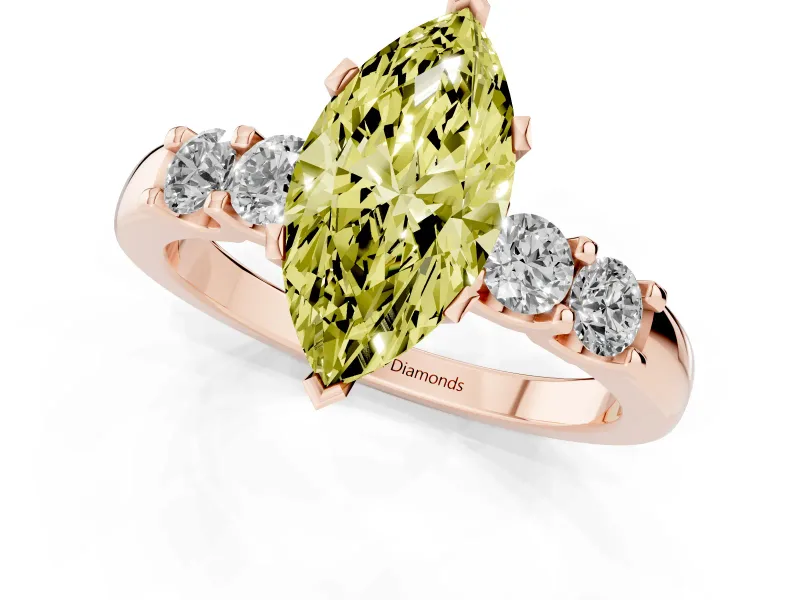 Fancy Yellow Marquise Cut Diamond Five-Stone Prong Set Engagement Ring Set in Rose gold with Channel Band