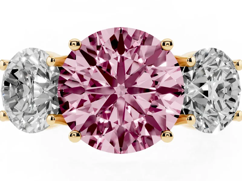 Round Three Stone Engagement Ring Setting for a Fancy Pink Lab-Grown Diamond | Accented Shoulders | Yellow Gold