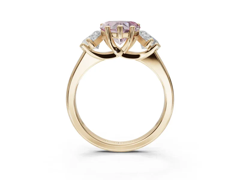 Heart-Shaped Three Stone Engagement Ring Setting for a Fancy Pink Lab-Grown Diamond | Tapered Band | Yellow Gold