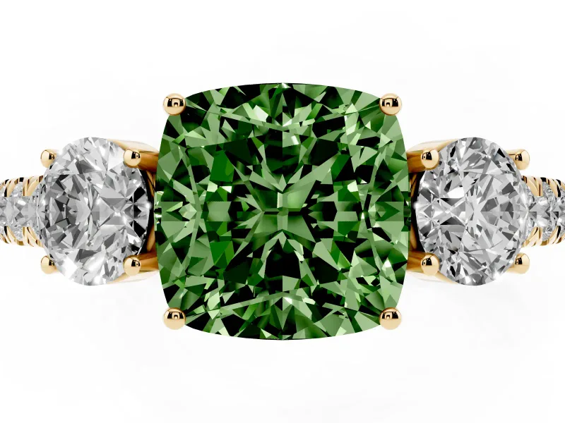 Cushion Cut Engagement Ring Setting for a Fancy Green Lab-Grown Diamond | Three Stone | Yellow Gold