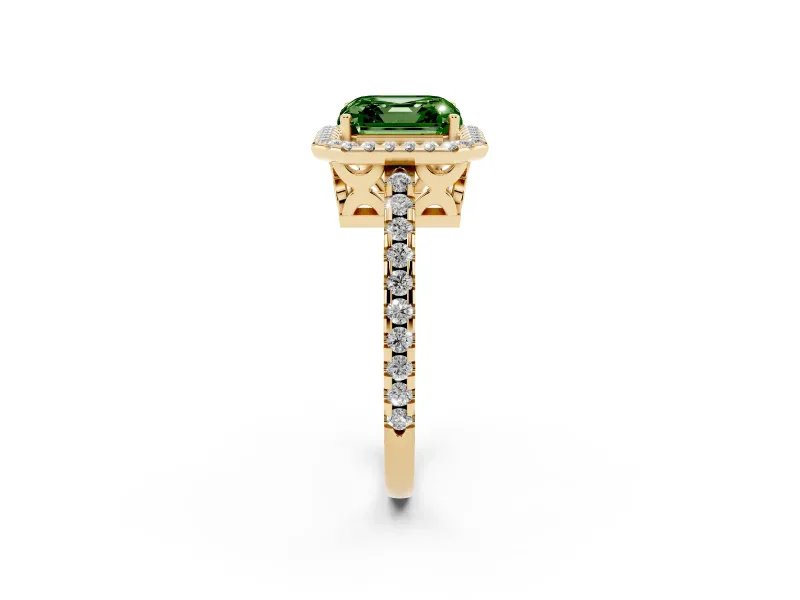 Asscher Cut Pave Halo Engagement Ring Setting for a Fancy Green Lab-Grown Diamond | Yellow Gold
