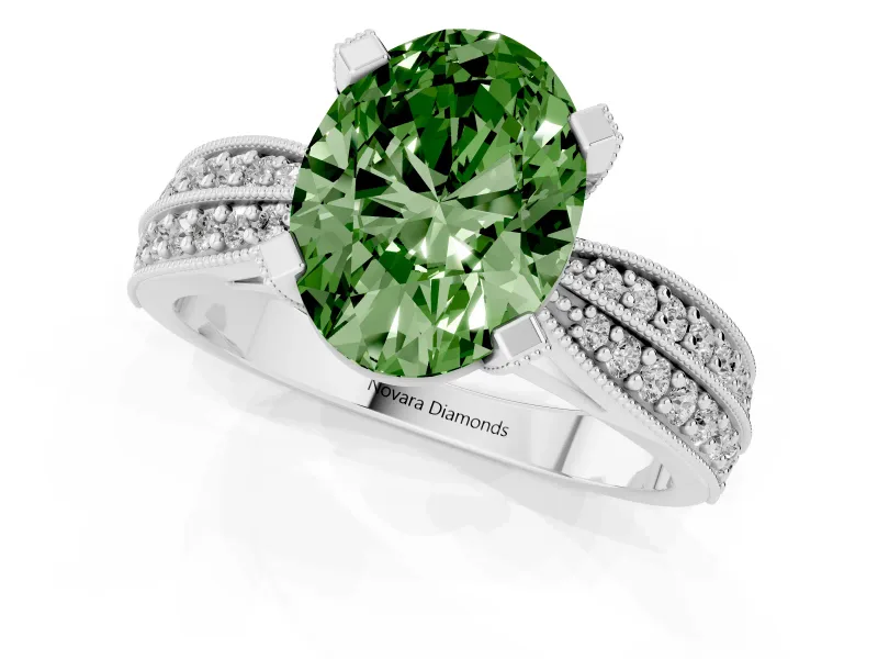 Fancy Green Oval Cut Diamond Solitaire Ring Set in White gold with Milgrain Double Row Round Pavé Band