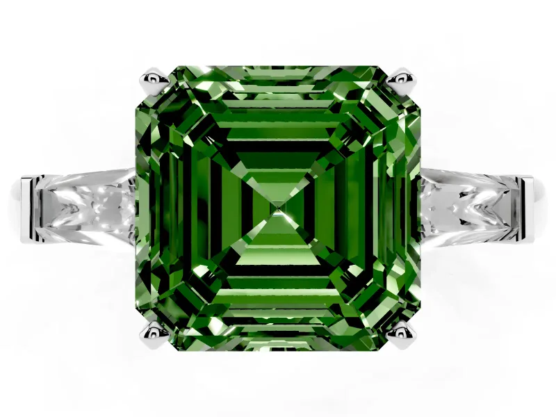 Fancy Green Asscher Cut Diamond Solitaire Ring Set in Silver with Tapered Baguette Side Stones and Prong Setting