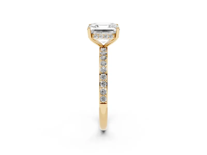 Asscher Cut Diamond Pavé Band Ring Set in Yellow gold with Prong-Set Center Stone