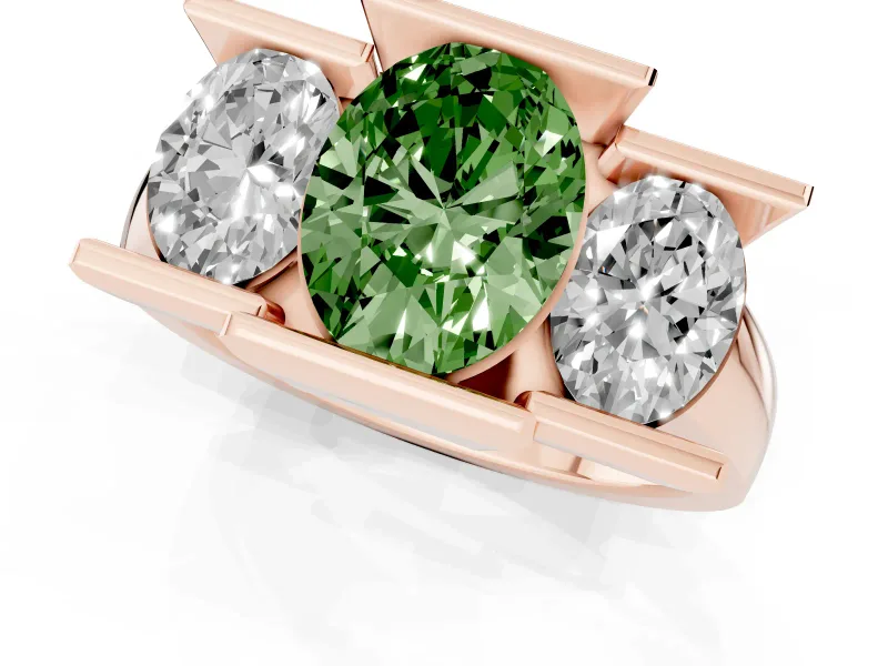 Fancy Green Oval Cut Diamond Three-Stone Channel Set Ring Set in Rose gold with Smooth Polished Band