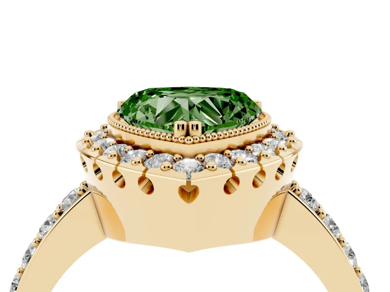Heart-Shaped Milgrain Halo Engagement Ring Setting for a Fancy Green Lab-Grown Diamond | Pavé Shoulders | Yellow Gold