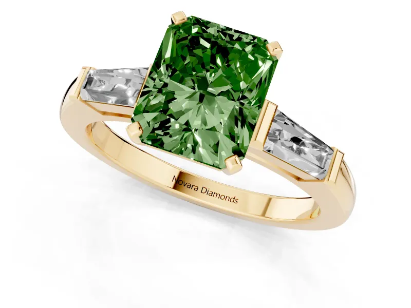 Fancy Green Radiant Cut Diamond Solitaire Ring Set in Yellow gold with Tapered Baguette Side Stones and Prong Setting