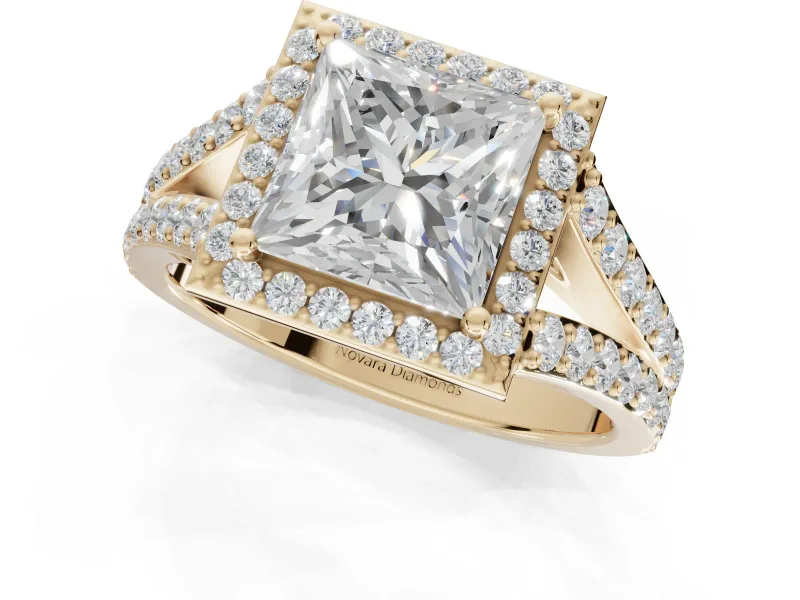 Princess Cut Halo Pavé Engagement Ring Setting | Narrow Split Shank | Yellow Gold