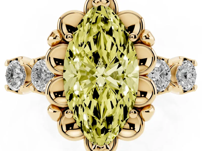 Marquise Floral Engagement Ring Setting for a Fancy Yellow Lab-Grown Diamond | Petal Frame and Side Stones | Yellow Gold