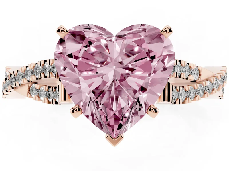 Fancy Pink Heart Cut Diamond Solitaire Engagement Ring Set in Rose gold with Twisted Pavé Band and Prong Setting