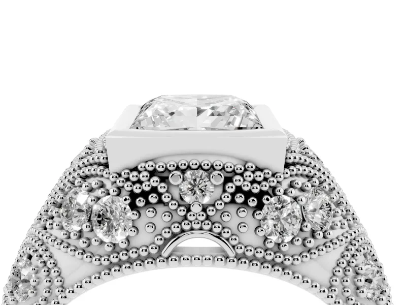 Princess Cut Vintage Bezel Engagement Ring Setting | Beaded Paisley Shoulders | White Gold