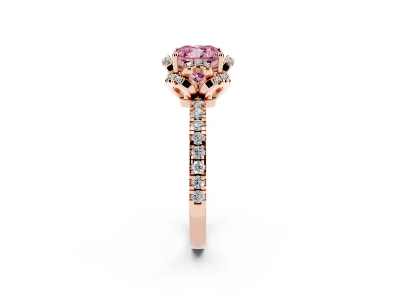 Fancy Pink Cushion Cut Diamond Halo Pavé Band Ring Set in Rose gold with Prong-Held Center