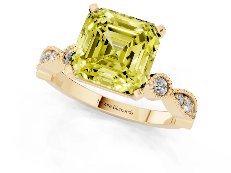 Fancy Yellow Asscher Cut Diamond Solitaire Engagement Ring Set in Yellow gold with Milgrain Bezel Accent Band