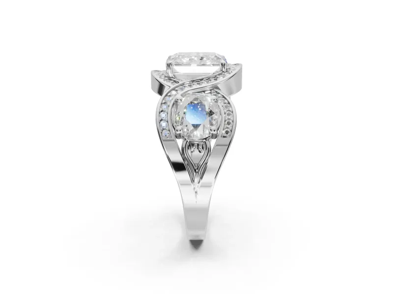 Radiant Cut Three Stone Halo Engagement Ring Setting | Pavé Wave Band | Platinum