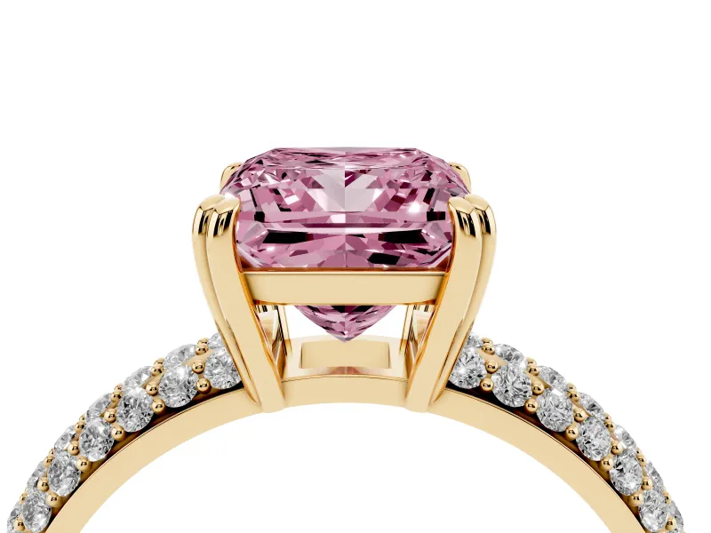 Princess Cut Three Row Pave Engagement Ring Setting for a Fancy Pink Lab-Grown Diamond | Yellow Gold