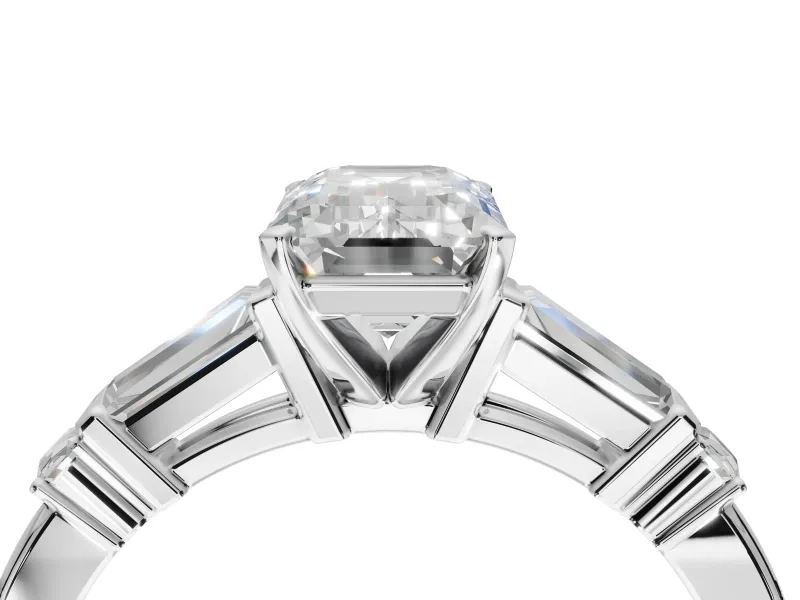 Emerald Cut Tapered Baguette Engagement Ring Setting | Bar Set Sides | White Gold