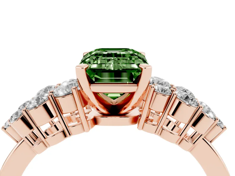 Emerald Cut Side Stone Engagement Ring Setting for a Fancy Green Lab-Grown Diamond | Shoulder Clusters | Rose Gold