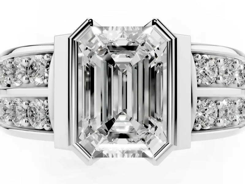 Emerald Cut Half Bezel Engagement Ring Setting | Double Row Channel Band | White Gold