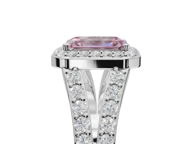 Emerald Cut Halo Pavé Engagement Ring Setting for a Fancy Pink Lab-Grown Diamond | Narrow Split Shank | Platinum