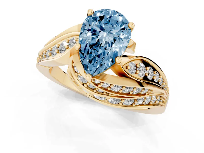 Fancy Blue Pear Cut Diamond Solitaire Ring Set in Yellow gold with Layered Twist Pavé Band