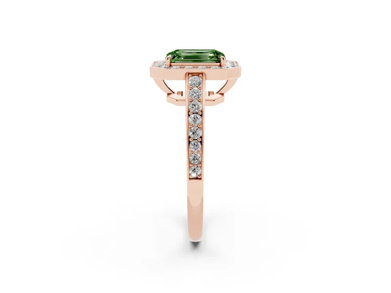 Fancy Green Emerald Cut Diamond Halo Pavé Engagement Ring Set in Rose gold with Bezel Setting