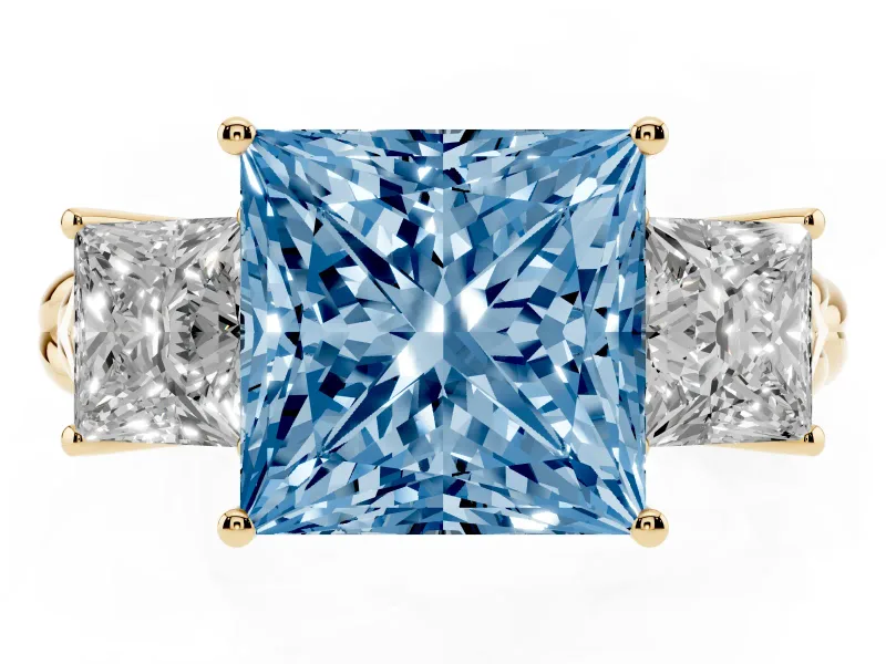 Fancy Blue Princess Cut Diamond Three-Stone Ring Set in Yellow gold with Braided Band