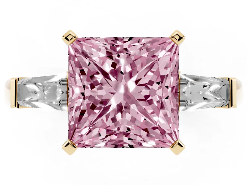 Fancy Pink Princess Cut Diamond Solitaire Ring Set in Yellow gold with Tapered Baguette Side Stones and Prong Setting