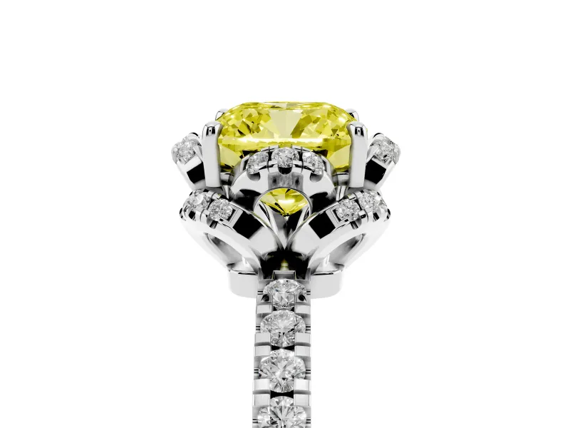 Fancy Yellow Cushion Cut Diamond Halo Pavé Band Ring Set in Platinum with Prong-Held Center