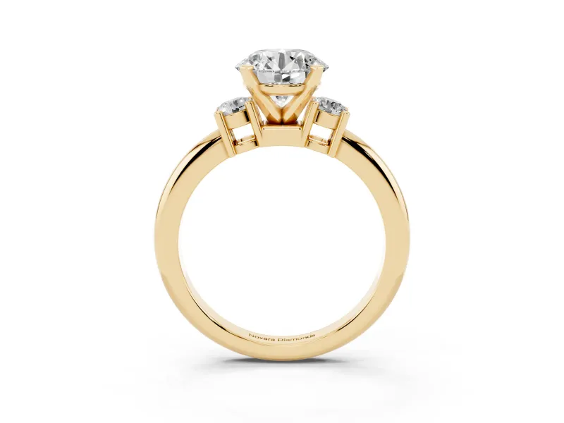 Three-Stone Round Cut Diamond Ring Set in Yellow gold with Prong Setting and Plain Band