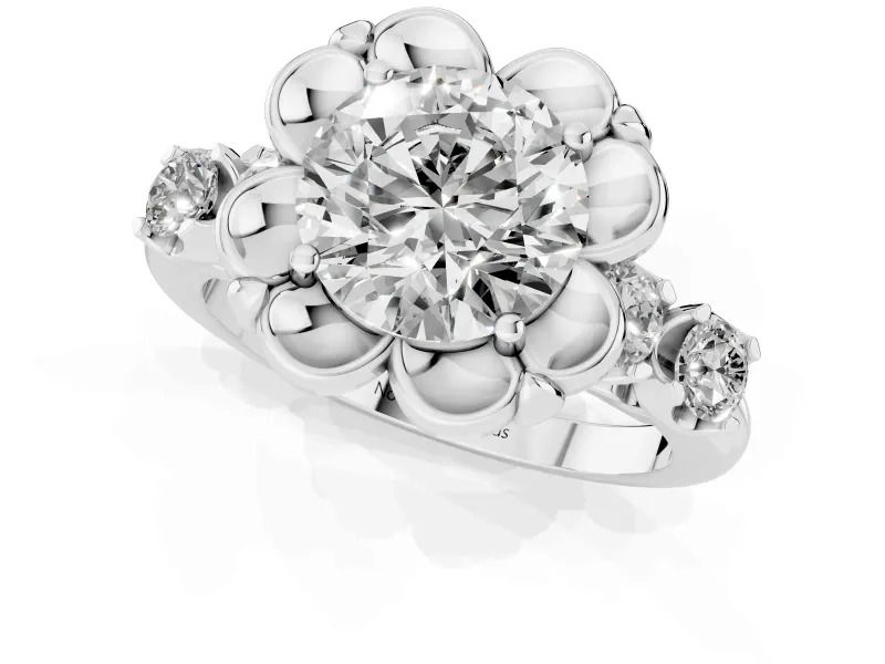 Round Floral Engagement Ring Setting | Petal Frame and Side Stones | Platinum