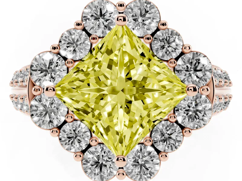 Fancy Yellow Princess Cut Diamond Halo Engagement Ring Set in Rose gold with Split Shank and Prong Setting