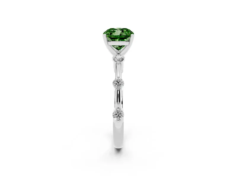 Fancy Green Cushion Cut Diamond Solitaire Ring Set in Silver with Bezel Set Side Stones and Prong Setting