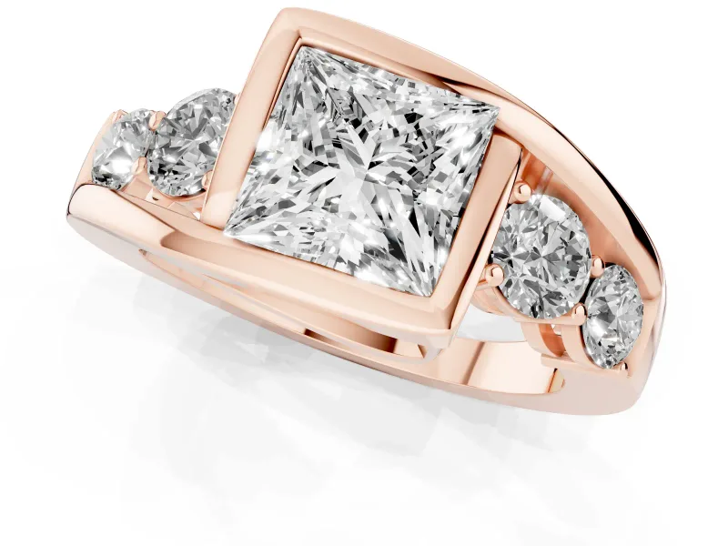 Princess Cut Bezel Bypass Engagement Ring Setting | Round Side Stones | Rose Gold
