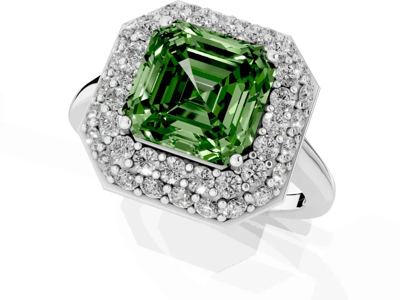 Fancy Green Asscher Cut Diamond Halo Engagement Ring Set in White gold with Solitaire Band and Prong Setting