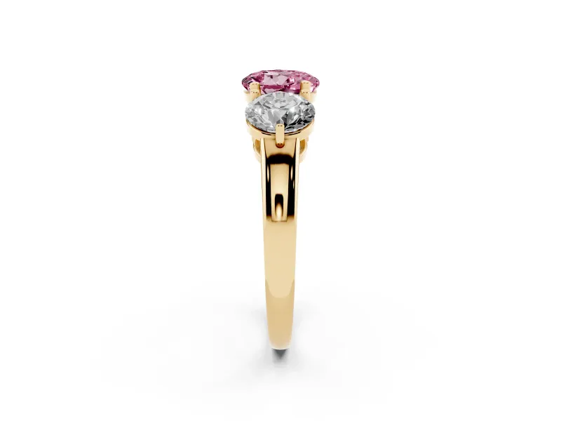 Round Three Stone Engagement Ring Setting for a Fancy Pink Lab-Grown Diamond | Large Round Side Stones | Yellow Gold