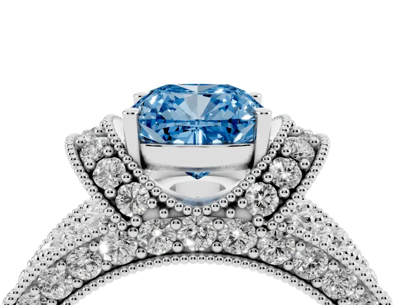 Cushion Cut Vintage Pave Engagement Ring Setting for a Fancy Blue Lab-Grown Diamond | Milgrain Edges | White Gold
