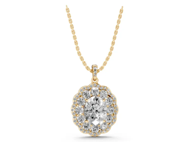 Oval Lab-Grown Diamond Floral Double Halo Pendant Necklace | Pavé Bail | Yellow Gold