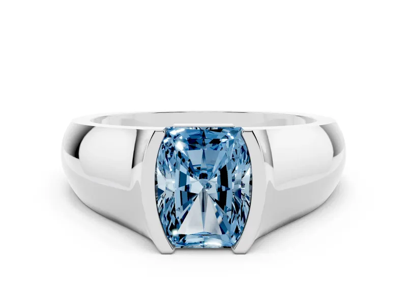 Fancy Blue Radiant Cut Diamond Bezel Solitaire Ring Set in White gold with Wide Band