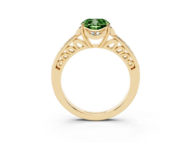 Cushion Cut Floral Pavé Engagement Ring Setting for a Fancy Green Lab-Grown Diamond | Yellow Gold