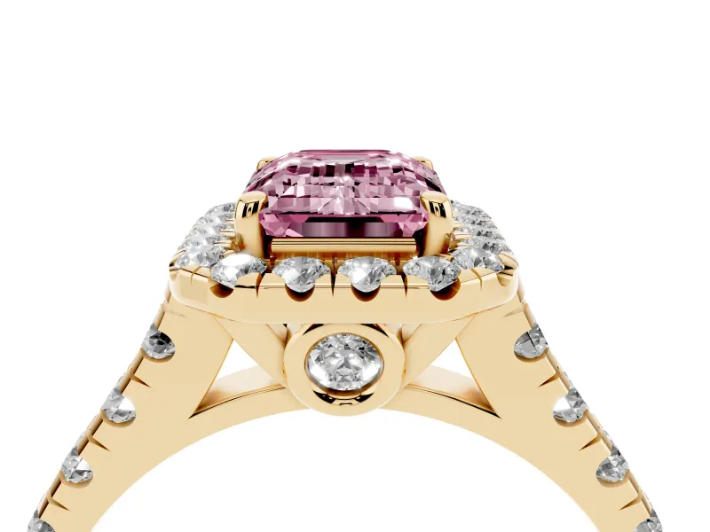 Emerald Cut Accented Halo Engagement Ring Setting for a Fancy Pink Lab-Grown Diamond | Yellow Gold