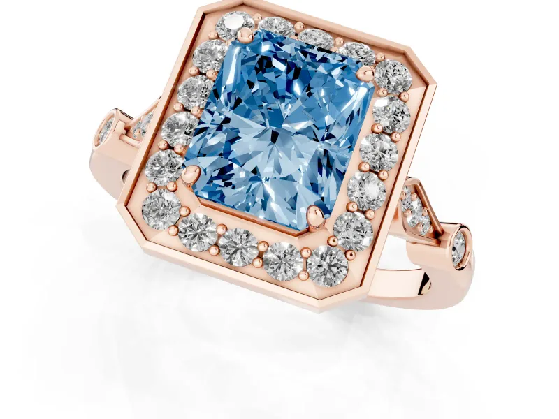Radiant Cut Halo Engagement Ring Setting for a Fancy Blue Lab-Grown Diamond | Bezel Station Shoulders | Rose Gold