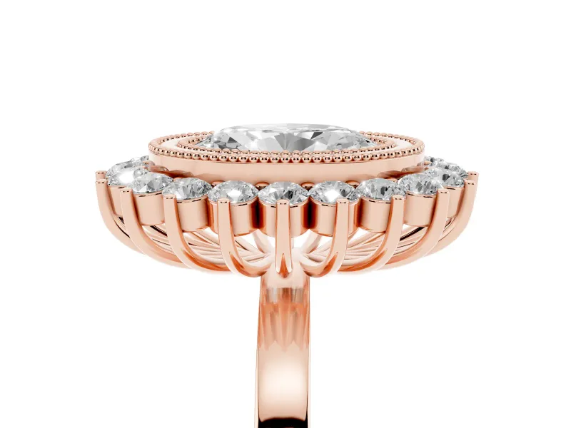 Oval Cut Diamond Halo Ring Set in Rose gold with Milgrain Edge and Round Prong Setting