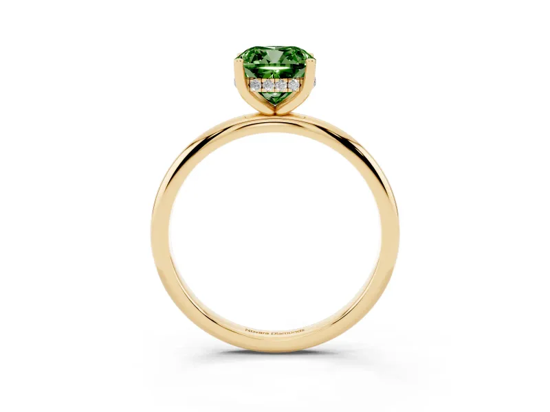 Fancy Green Cushion Cut Diamond Solitaire Engagement Ring Set in Yellow gold with Prong Setting and Polished Band