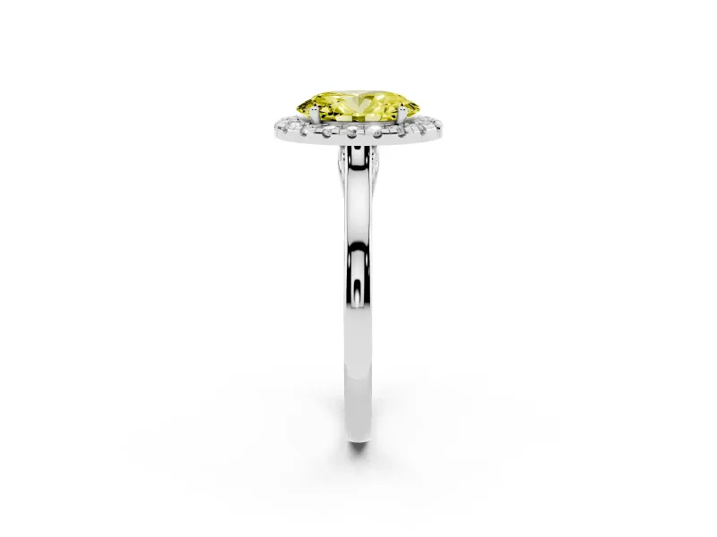 Fancy Yellow Oval Cut Halo Round Diamond Solitaire Ring Set in Platinum with Pavé Band and Prong Setting