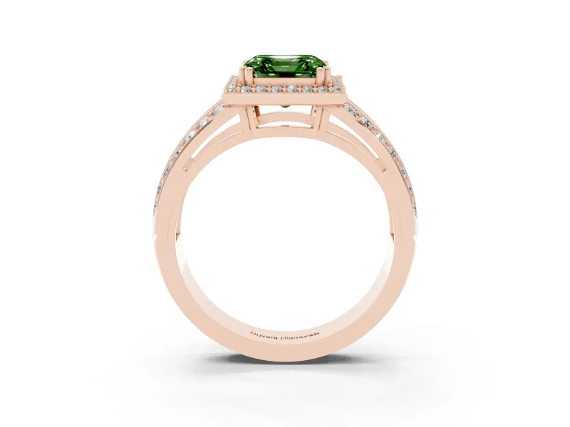 Asscher Cut Halo Engagement Ring Setting for a Fancy Green Lab-Grown Diamond | Two-Row Pave Split Shank | Rose Gold