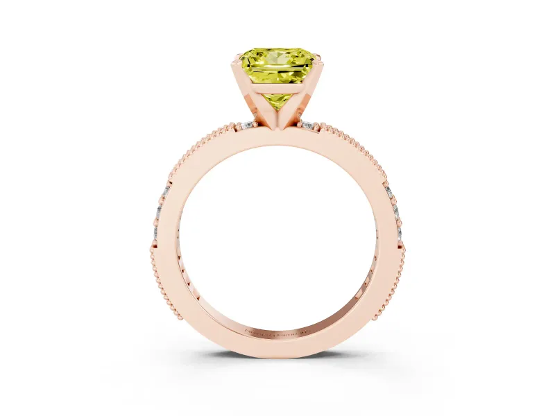 Fancy Yellow Princess Cut Diamond Solitaire Ring Set in Rose gold with Slim Pavé Band and Prong Setting
