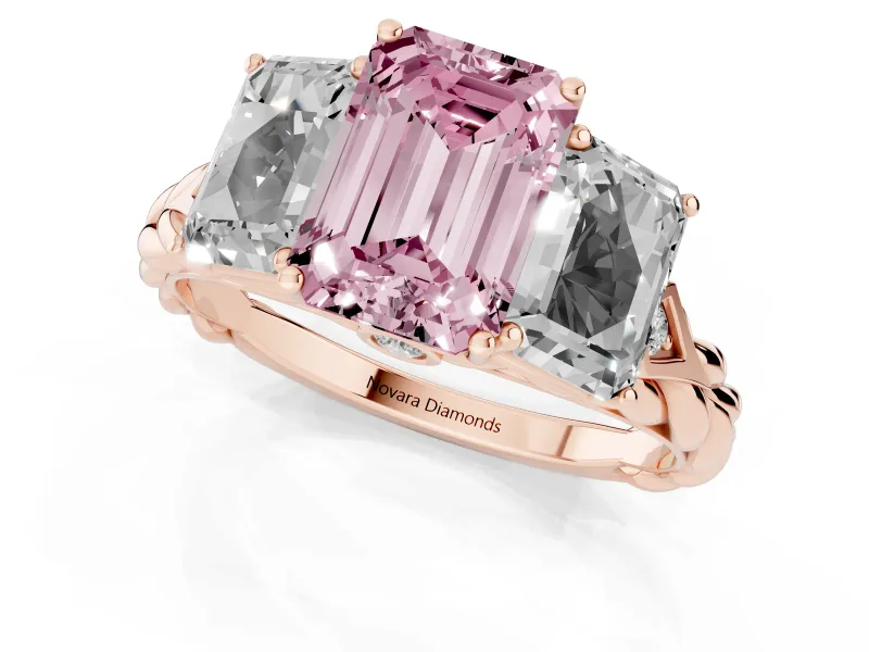 Emerald Cut Three Stone Engagement Ring Setting for a Fancy Pink Lab-Grown Diamond | Braided Band | Rose Gold