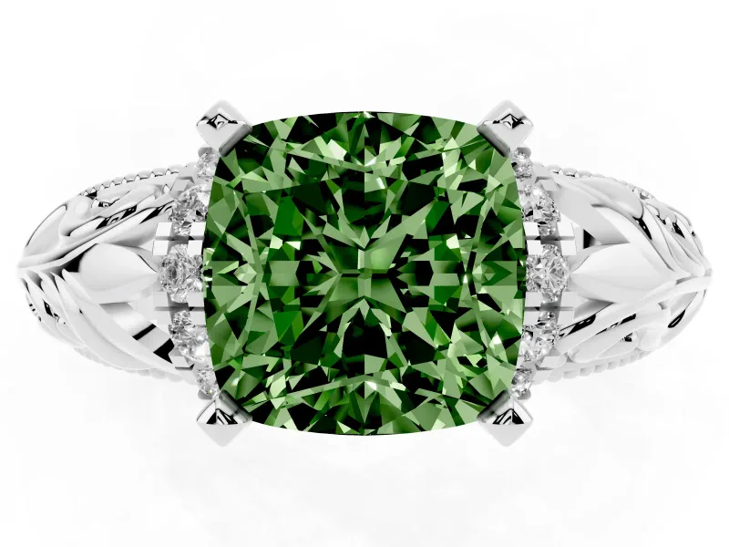 Fancy Green Cushion Cut Diamond Filigree Halo Engagement Ring Set in Platinum with Prong Setting