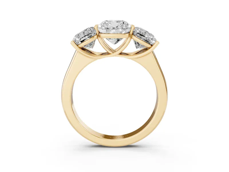 Cushion Cut Three Stone Engagement Ring Setting | Basket Prong Heads | Yellow Gold