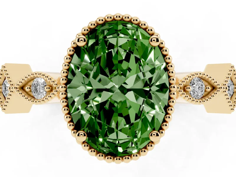 Fancy Green Oval Cut Diamond Milgrain Marquise Twist Band Ring Set in Yellow gold with Prong Setting